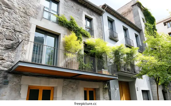 Stone Building Facade with Balconies and Plants