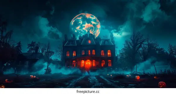 Haunted Mansion with Pumpkins and a Full Moon