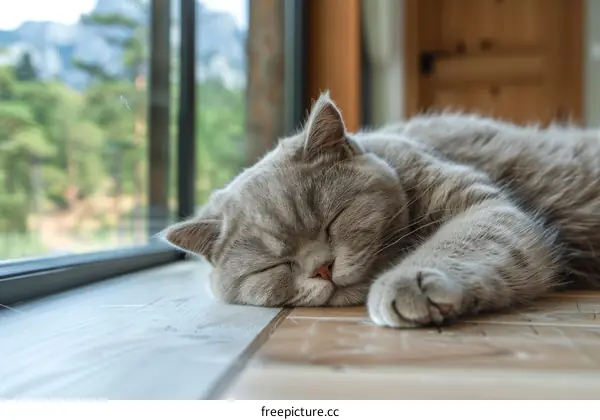 A Gray Cat Sleeping on the Wooden Floor with a Forest Background
