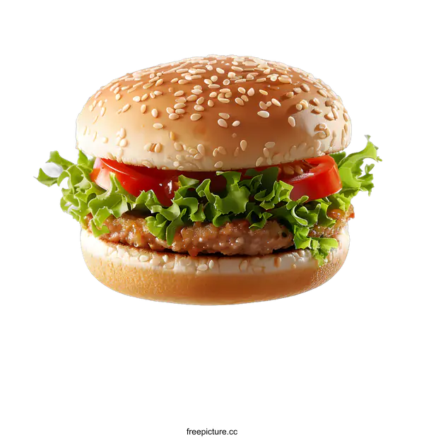 [Transparent Background PNG]A delicious-looking hamburger with sesame seeds on the bun, lettuce, tomato, and a beef patty.