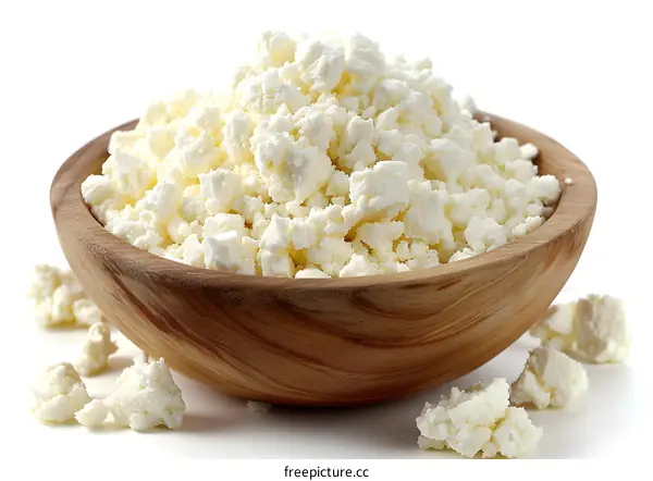 Cottage cheese in wooden bowl