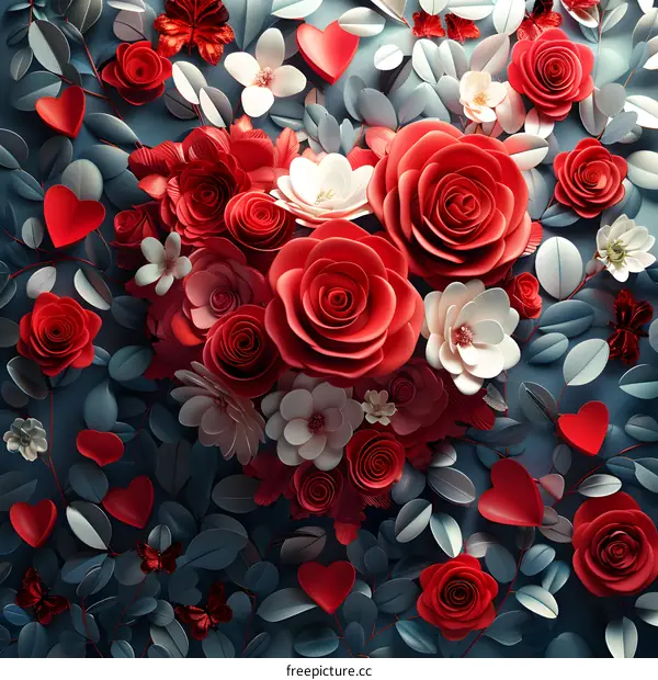 Red roses and green leaves paper-cut art illustration