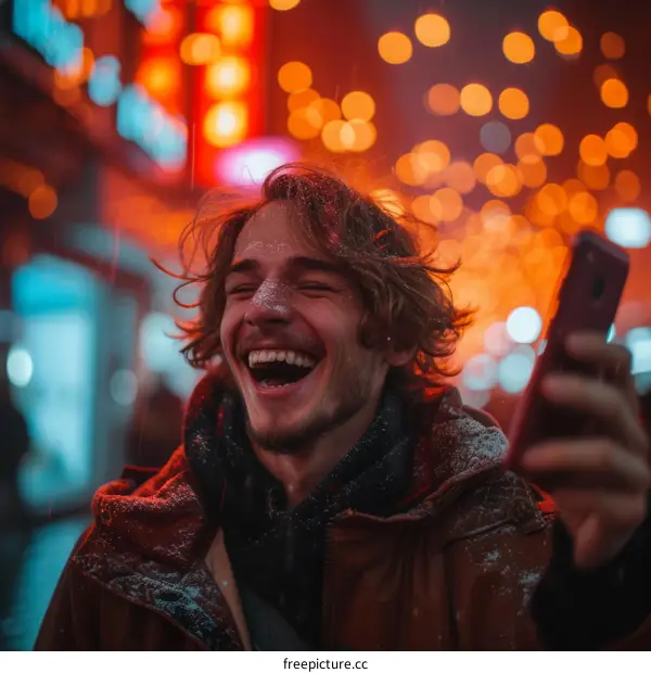 Laughing Man in the Snow Holding a Phone