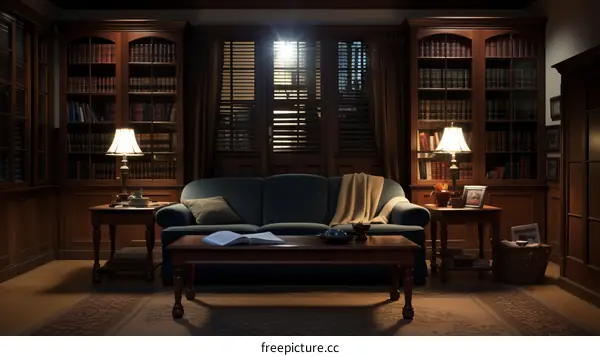 Cozy Living Room with Coffee Table and Bookshelves