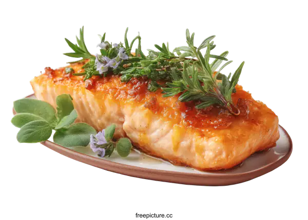 [Transparent Background PNG]Roasted Salmon with Herbs on Plate
