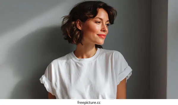 Thoughtful Woman in a Simple White Tee