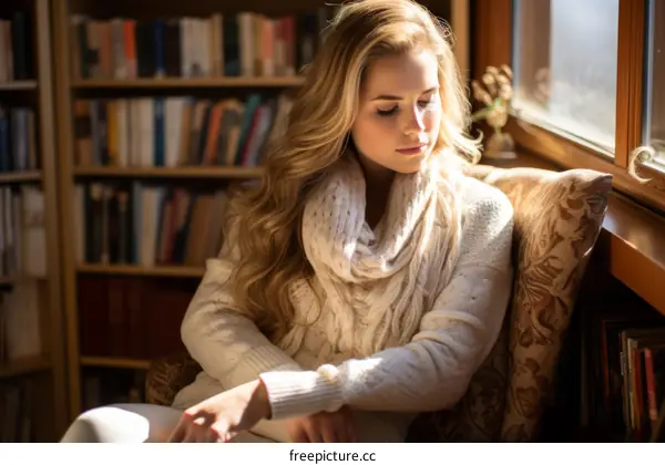 Young woman sitting in a chair in a library