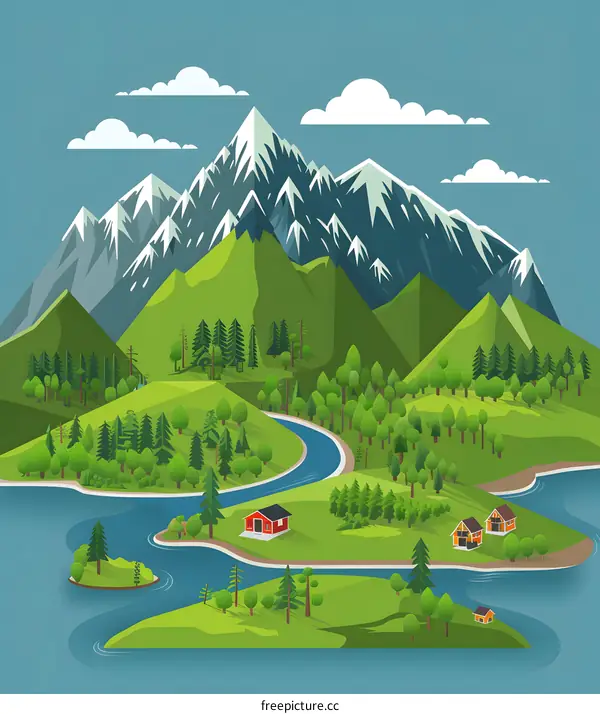 Mountain Landscape with River and Houses