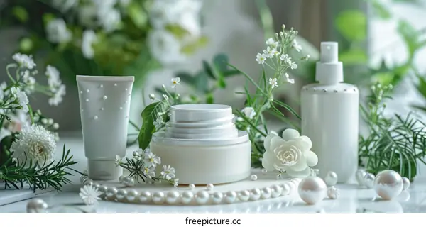 Natural skincare products with green leaves and white flowers
