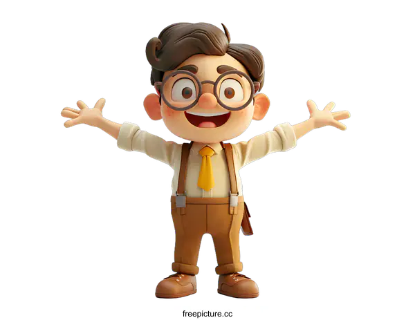[Transparent Background PNG]3D cartoon character of a boy wearing glasses and suspenders