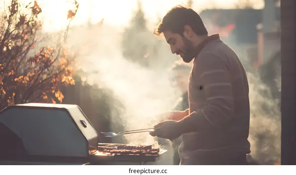 Man Grilling Food in Backyard on a Summer Day