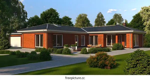 Modern Brick House With Backyard And Patio