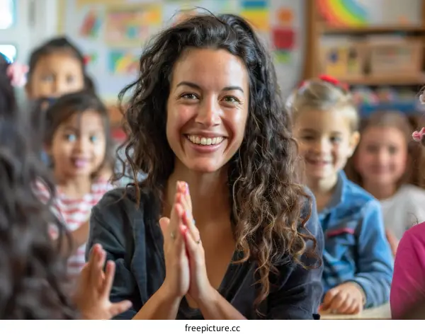 Early childhood education teacher with a group of preschool children