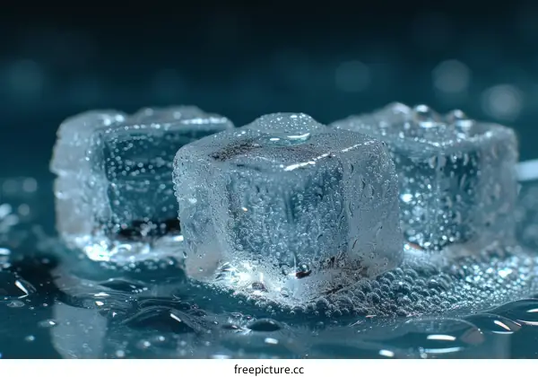 Three ice cubes melting on a blue surface