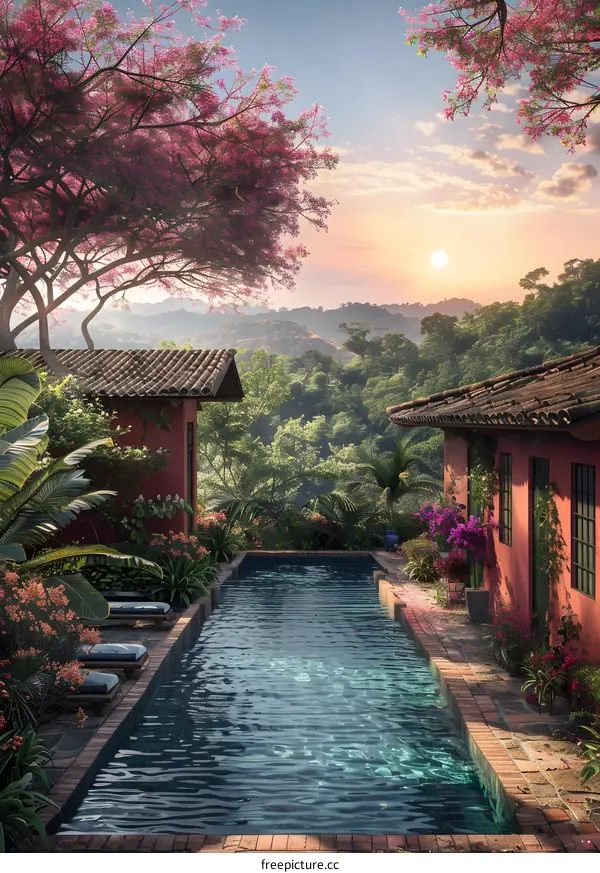 Courtyard with swimming pool and tropical plants