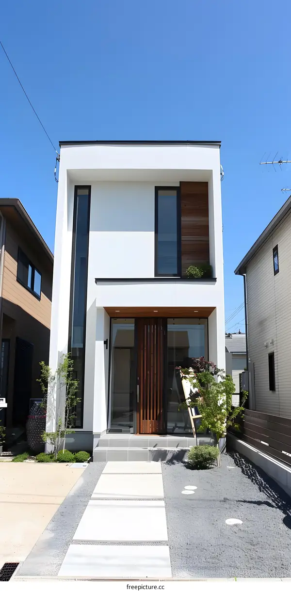 Modern White House with Stone Pathway and Lush Greenery