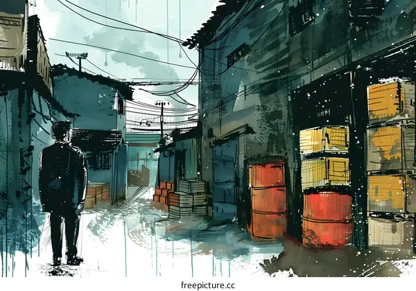 man walking away from camera in an alleyway