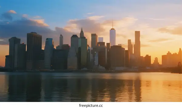 Sunset view of a modern city skyline with tall buildings