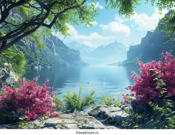 Fantasy Landscape with Pink Flowers and Mountain Lake