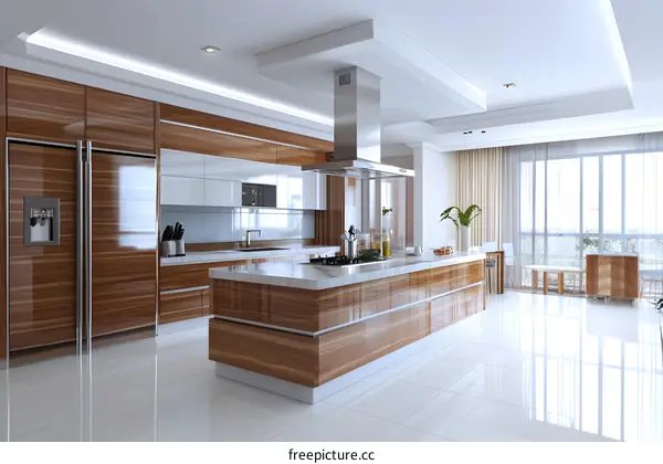 Modern Kitchen Interior Design With White Cabinets and Wooden Island