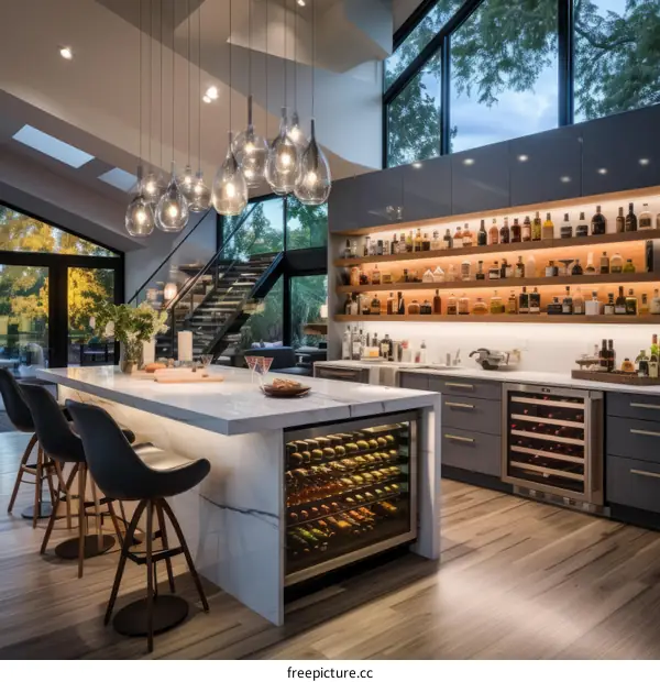 Modern Kitchen with Large Windows and Marble Island