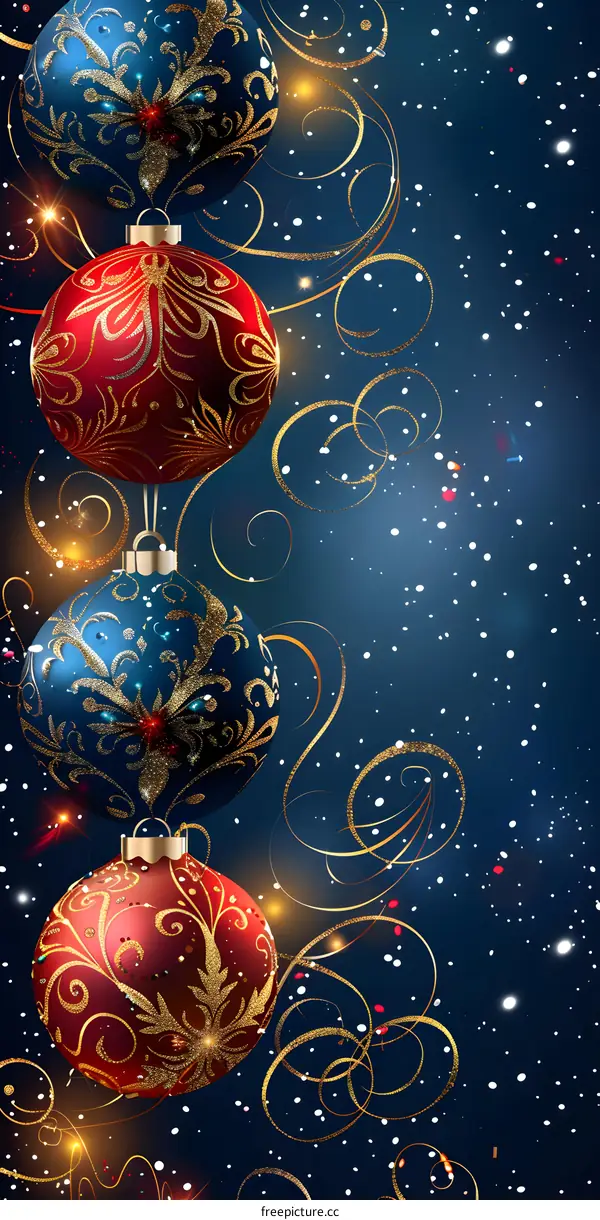 Christmas ornaments hanging on a blue background with golden snowflakes