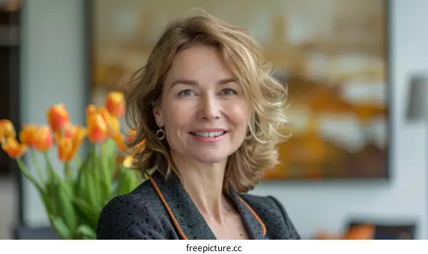 Portrait of a smiling businesswoman with flowers in the background