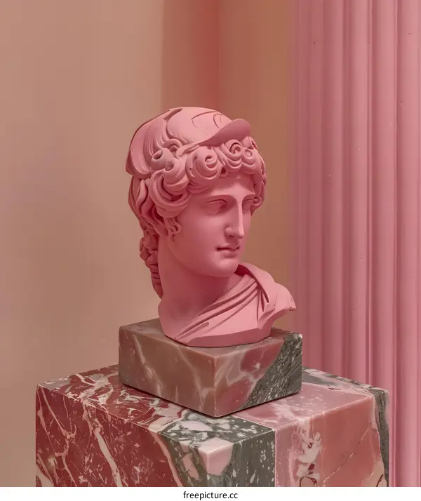 Pink Marble Statue of a Man with a  Sculpted Hairstyle