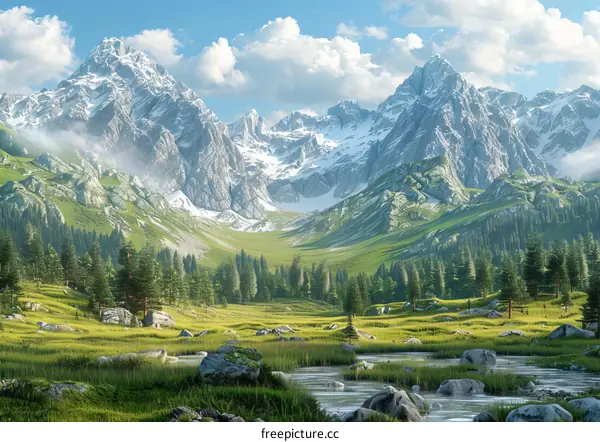Majestic Mountains with River and Green Fields