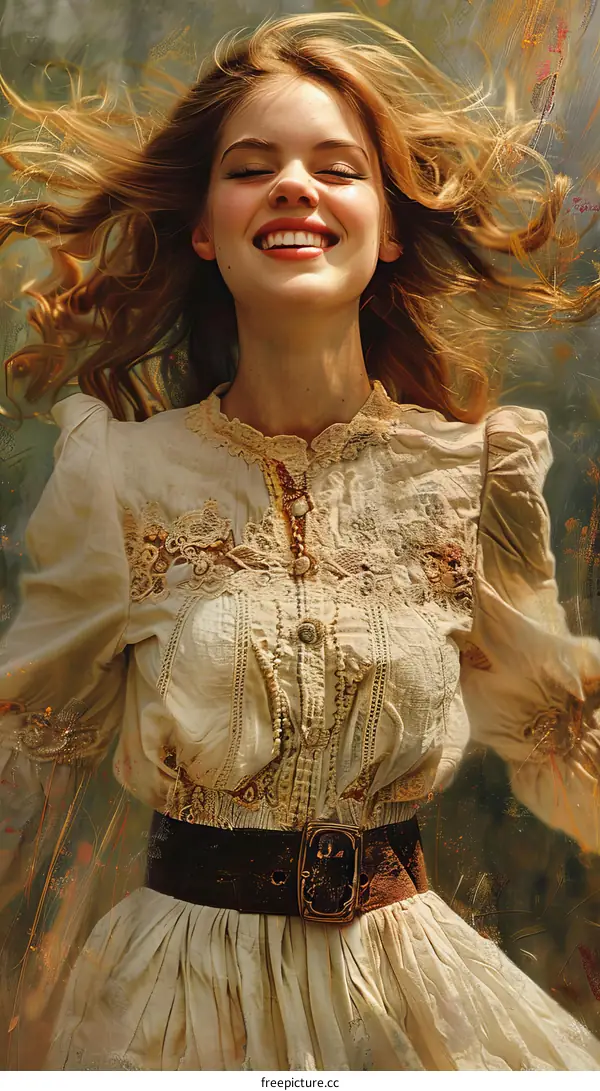 Smiling Woman in White Dress With Windblown Hair