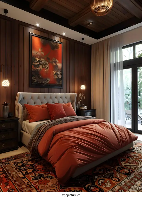 Modern Bedroom Interior Design With Wooden Walls And A Rug