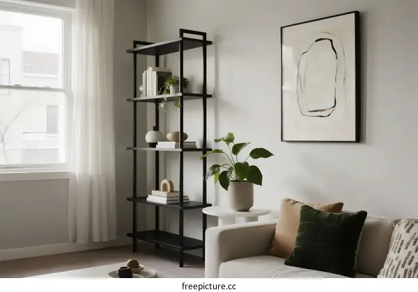 Modern living room with black shelf and decorative plants