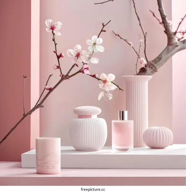 A Serene Pink Display of Cosmetics and Cherry Blossoms