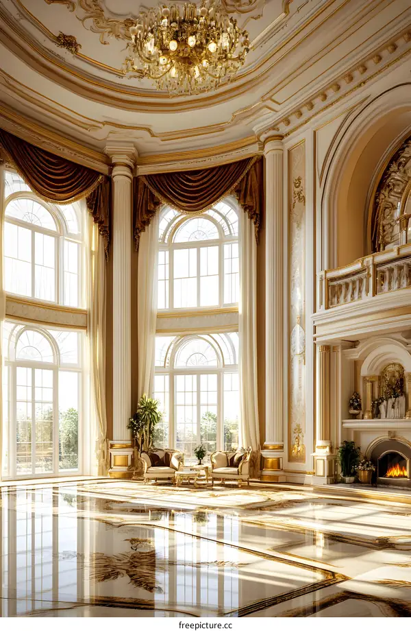 Luxurious Interior Design with Large Windows and Chandelier