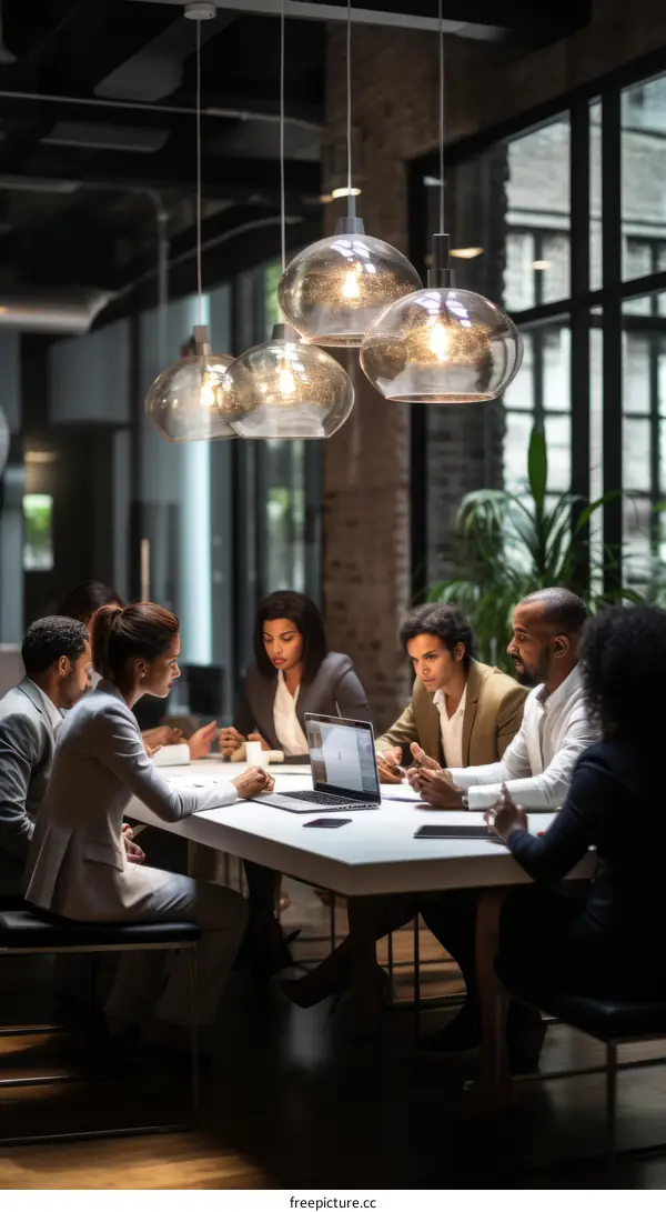 A group of people of African descent are sitting around a table having a meeting
