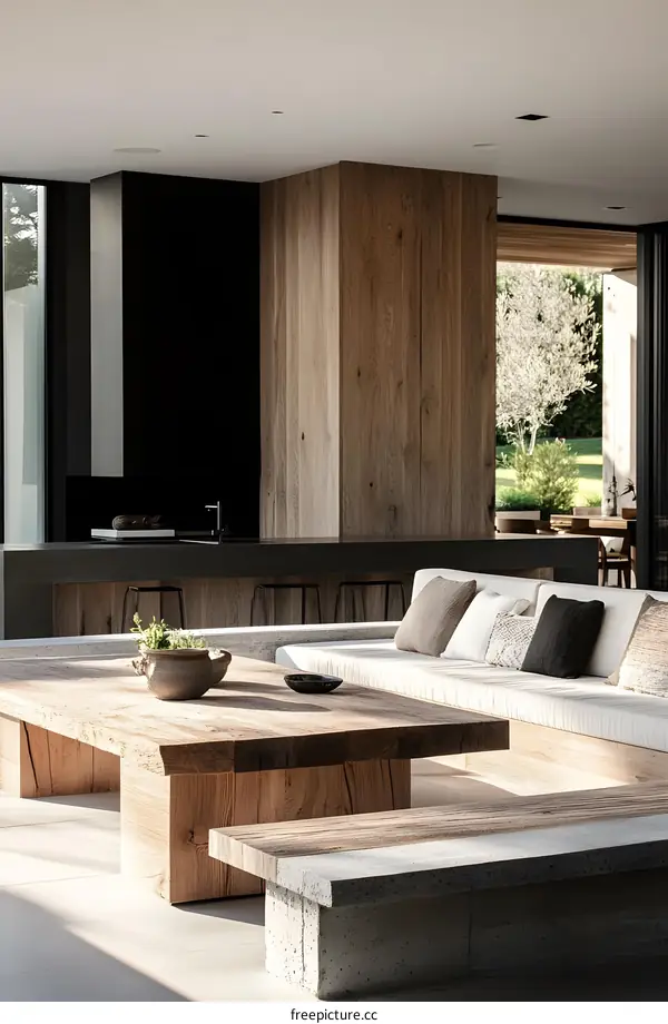 Modern Minimalist Living Room Design With Wooden Coffee Table And Sofa