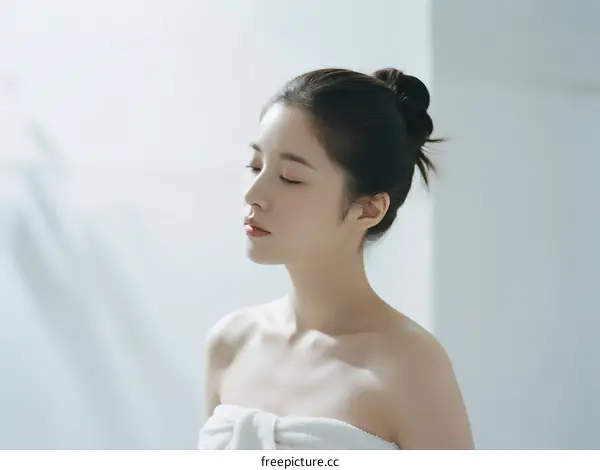 A Young Asian Woman with Hair Bun in White Towel