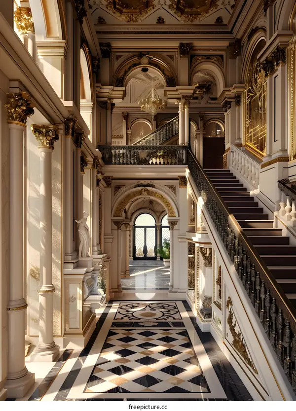 Grand Entrance Hallway with Marble Flooring and Staircase