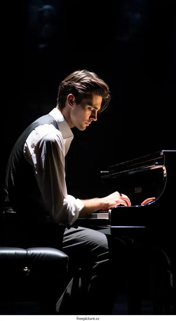 A young male pianist is playing the piano