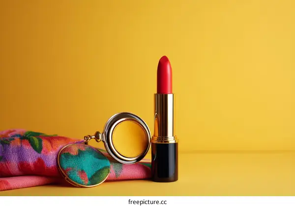 Red Lipstick and Accessories on a Yellow Background