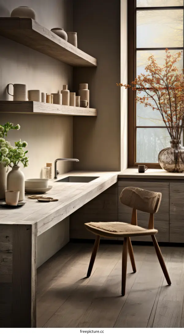 Modern Scandinavian Wooden Kitchen with Large Window and Tree View