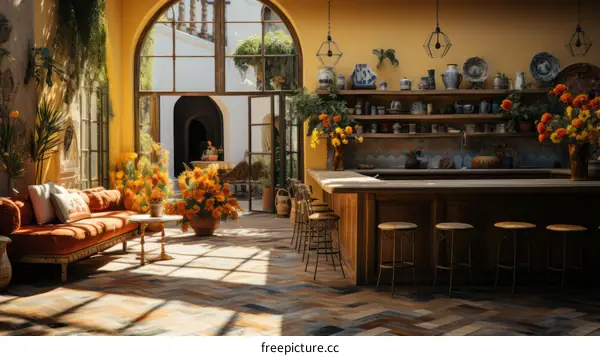 kitchen island with flowers and plants in a beautiful home