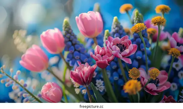 Pink Tulips, Bluebells, and Yellow Daisies in a Spring Bouquet