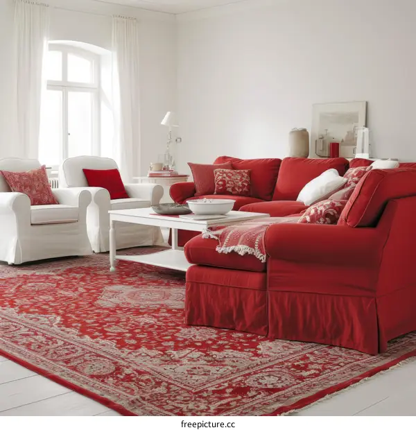 Bright red oriental rug and white furniture in living room