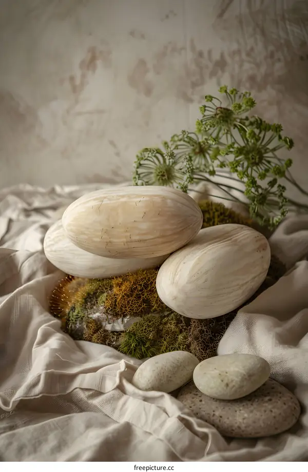 Wooden Stones and Greenery on a Fabric Background