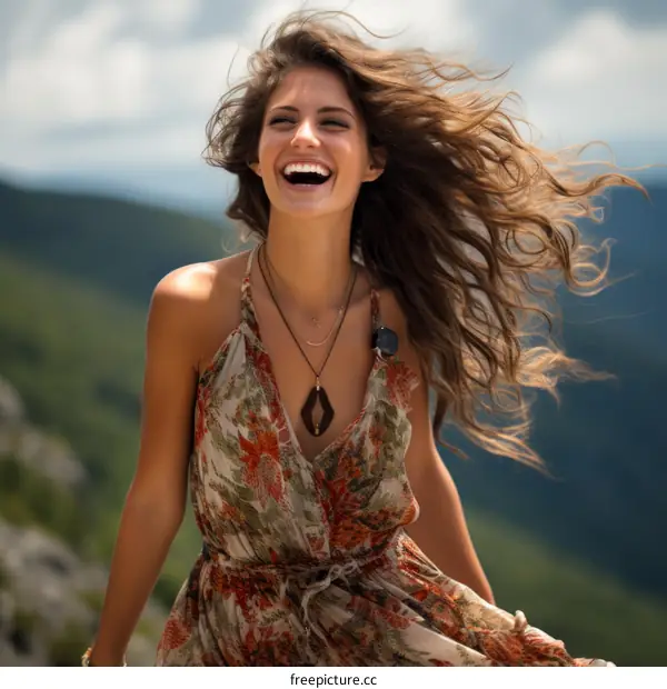 Laughing woman wearing a floral dress standing on a mountaintop
