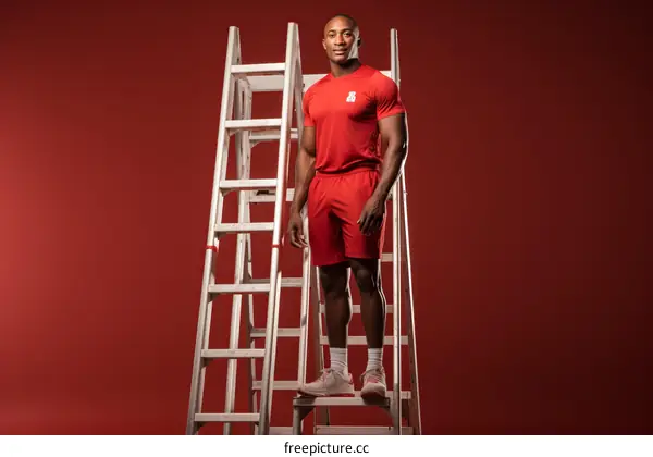 Black male athlete standing on a ladder in front of a red background