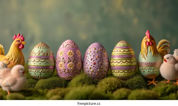 A variety of Easter eggs and a chicken with a chick