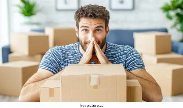 Moving Day Surprise Caucasian Man Behind Cardboard Boxes