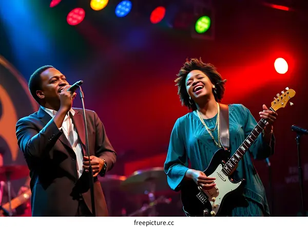 Two Musicians Performing on Stage with Bright Lights